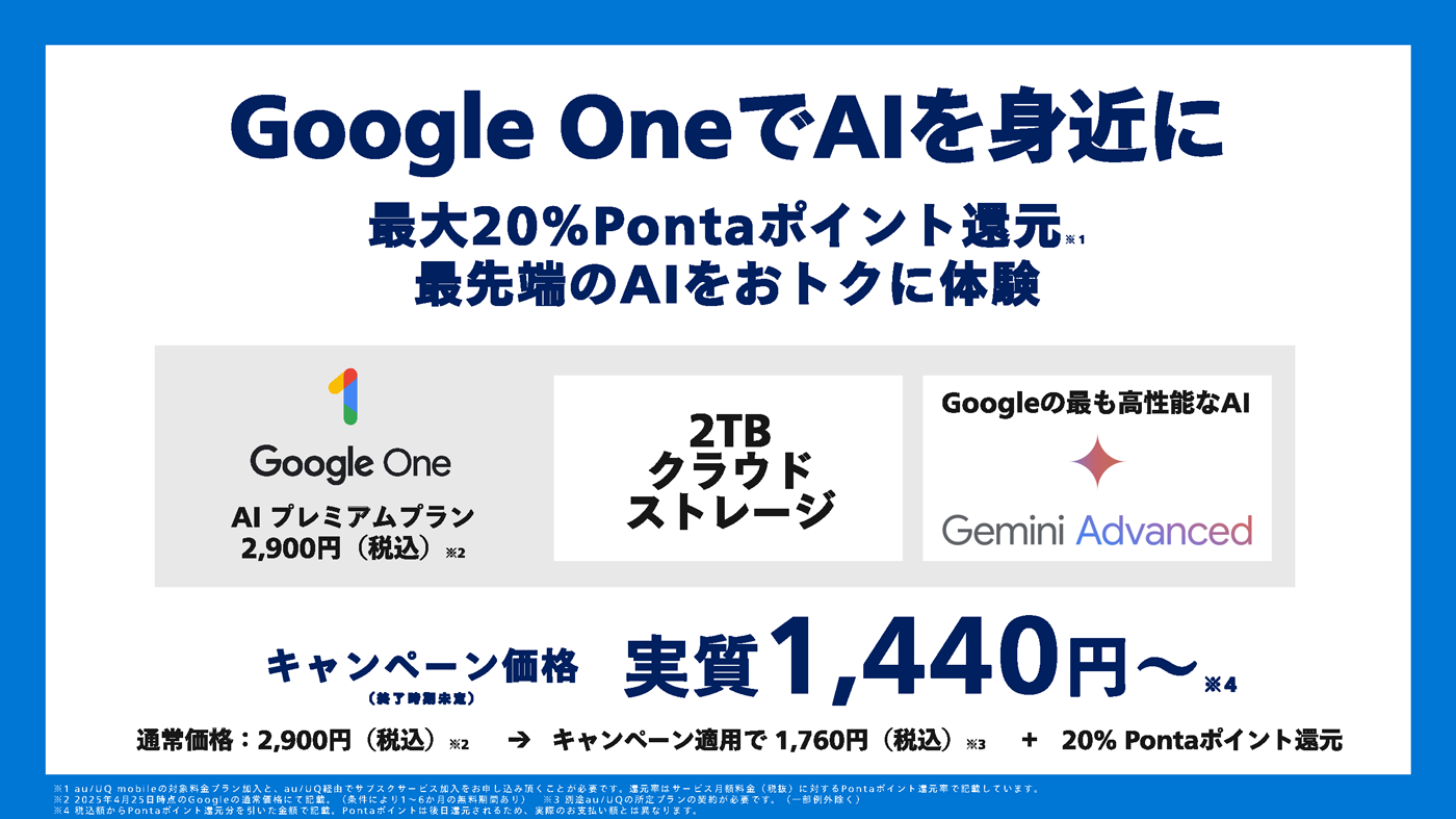 Google One でAIを身近に 最大20%Pontaポイント還元 最先端のAIをおトクに体験 キャンペーン価格(終了時期未定) 実質1,440円から